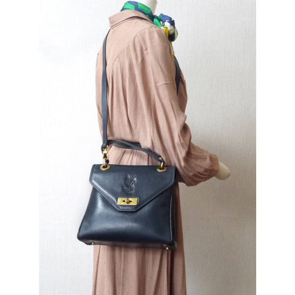 YVES SAINT LAURENT 総革ロゴステッチ ショルダー付ハンドバッグ(紺)