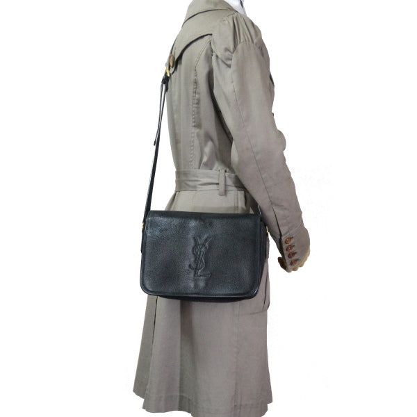 YVES SAINT LAURENT 総革ロゴステッチ スクエアショルダー(黒)