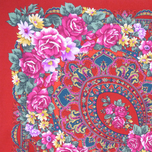 YVES SAINT LAURENT ペイズリーフラワー柄シルク大判スカーフ (赤系)