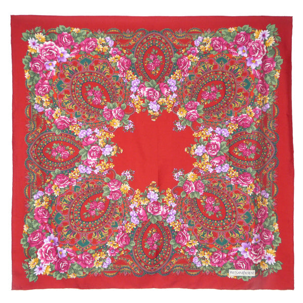 YVES SAINT LAURENT ペイズリーフラワー柄シルク大判スカーフ （赤系