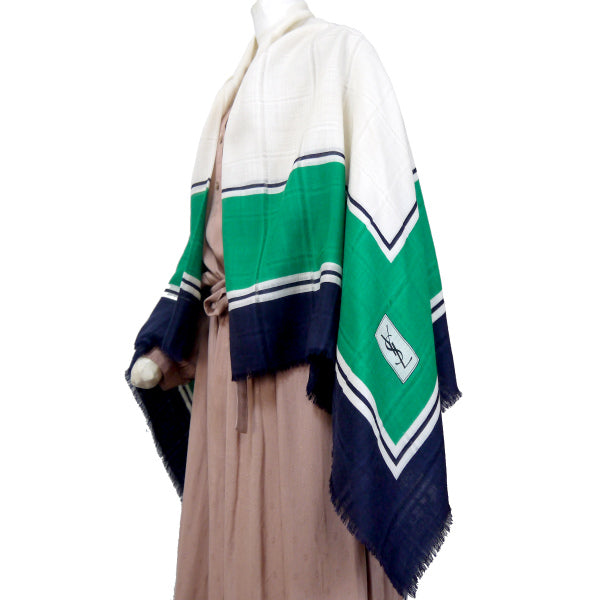 YVES SAINT LAURENT ロゴ入りシルク大判フリンジショール(緑系)