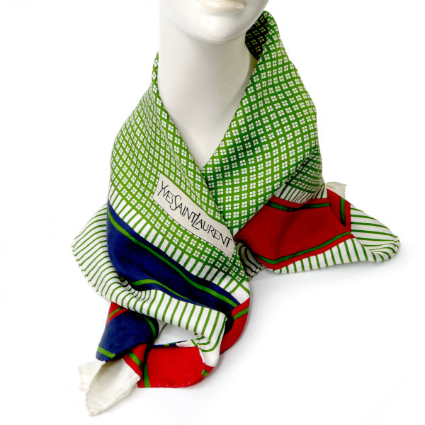 YVES SAINT LAURENT シルク大判スカーフ チェック柄(緑/赤/紺)