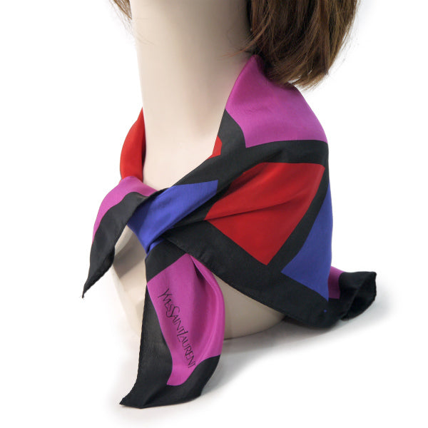 YVES SAINT LAURENT シルク中判スカーフ ブロックチェック柄(黒/赤/青)