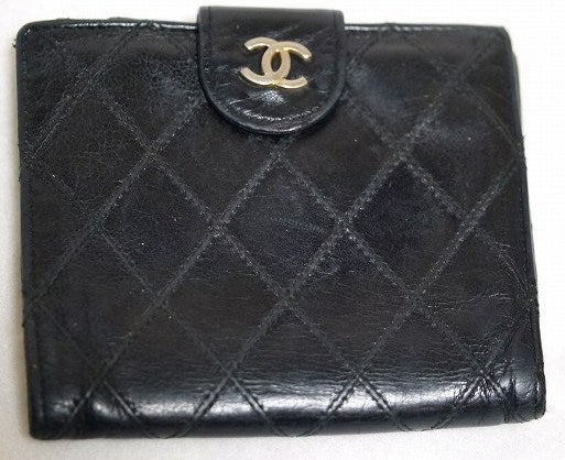 CHANEL 黒2ツ折れ ビコローレ 財布(シルバー)