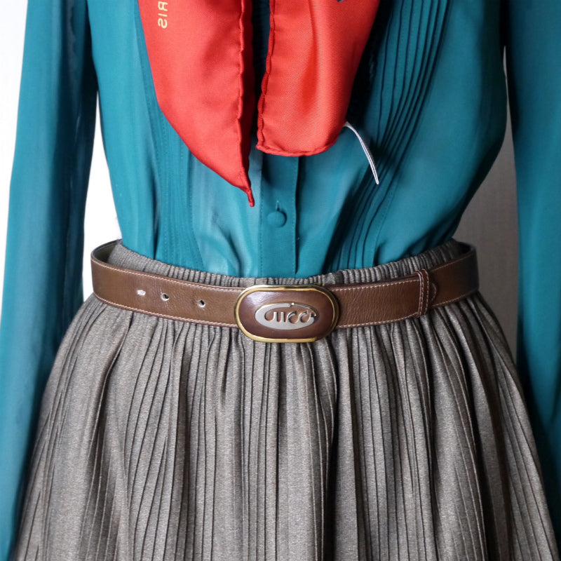 OLD Gucci 70s筆記体ロゴバックル レザーベルト(茶)