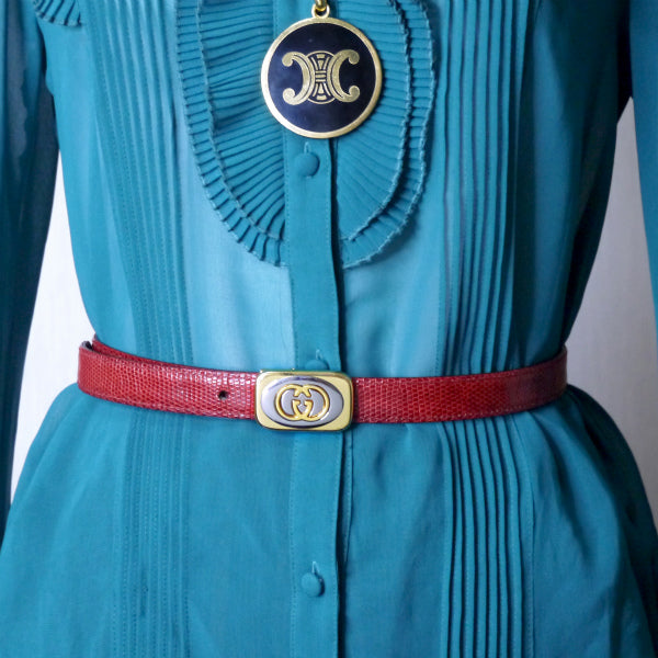 OLD Gucci リザードGGバックル細ベルト(赤)