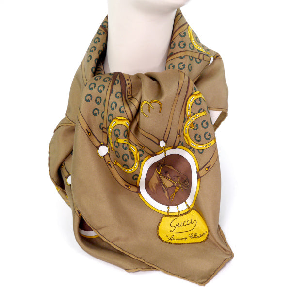 OLD Gucci 80sシルクスカーフ(茶/馬柄)