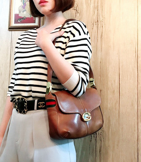 OLD Gucci 総革サイドシェリー ワンショルダー(キャメル)