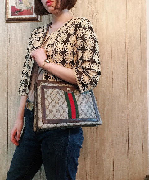 OLD Gucci 2WAY シェリーライン3層ショルダー(茶)