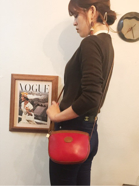 OLD Gucci バイカラー総革ポシェット(赤×キャメル)