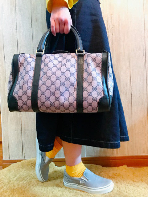 OLD Gucci 革ライン ピンク×青ボストン(中)