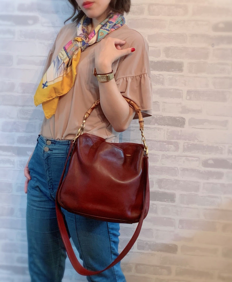 OLD Gucci ホーボー2Wayバンブーバッグ(ボルドー・中)