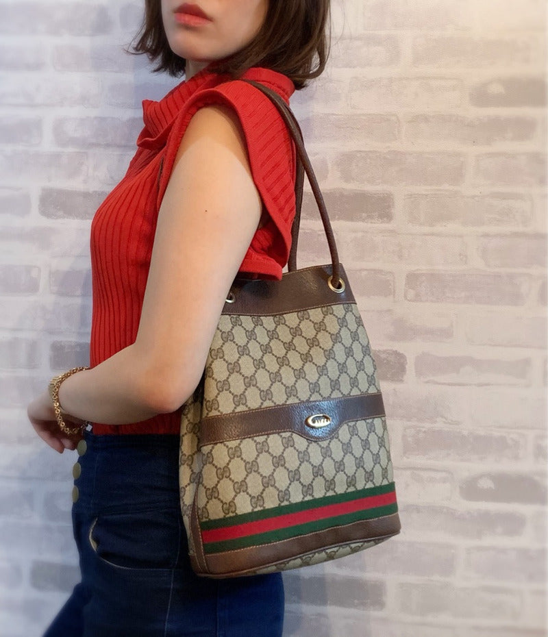 OLD Gucci 筆記体ロゴ巾着型シェリーWショルダー(茶)
