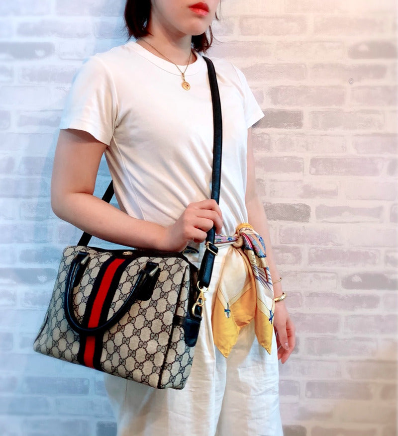 OLD Gucci 薄型ショルダー付ミニボストン(青)