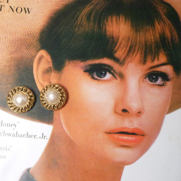 OLD CHANEL パール×チェーン 大ぶりイヤリング