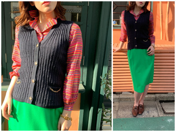 OLD CELINE　マカダムボタン×チェーン薄手ケーブルベスト（紺）