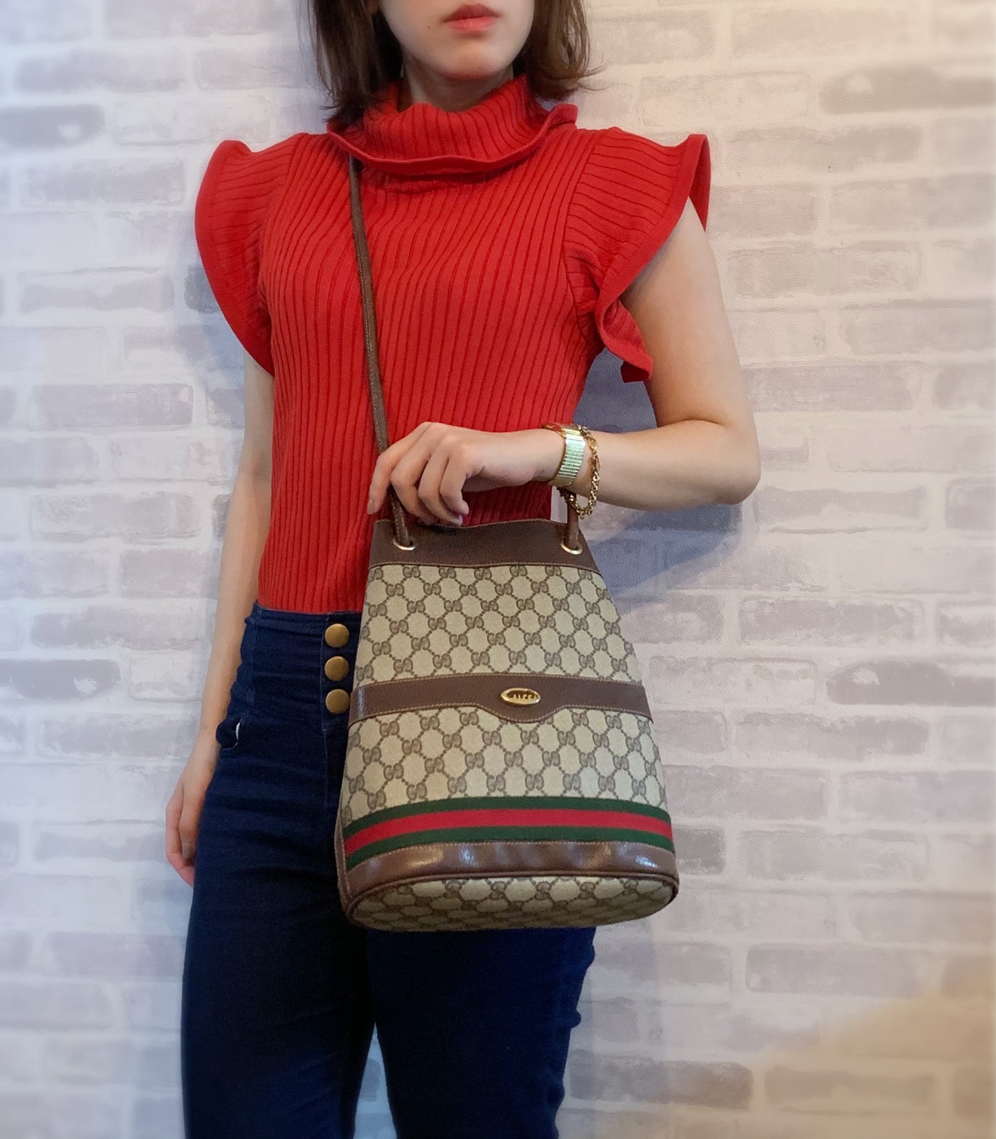OLD Gucci　筆記体ロゴ巾着型シェリーWショルダー（茶）