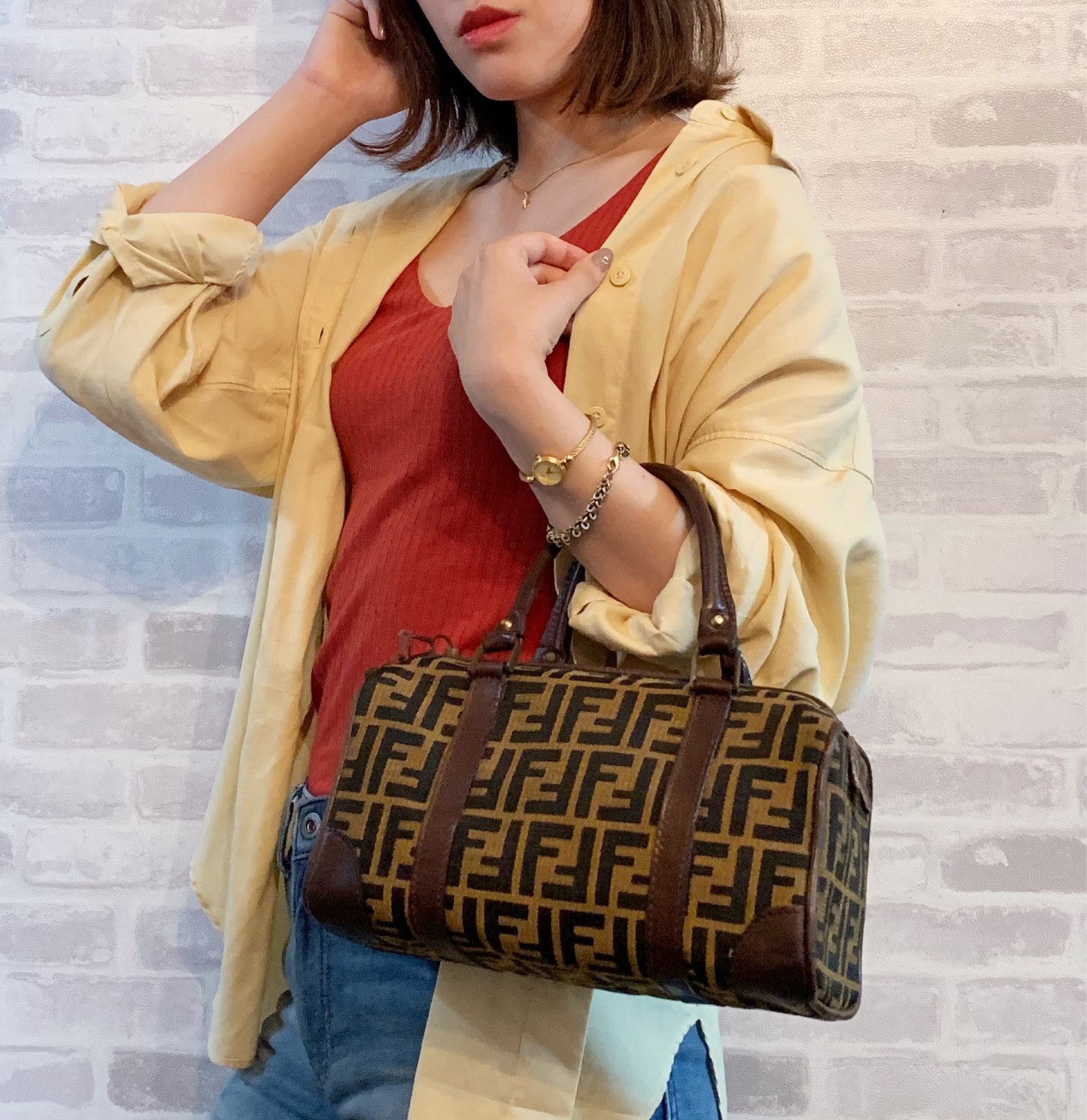 Fendi　ズッカ柄ジャガード ミニボストンバッグ（茶）