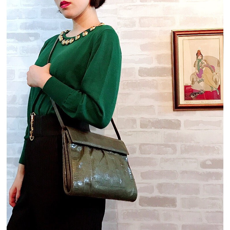 OLD Gucci リザード2WAYスクエアバッグ（深緑）