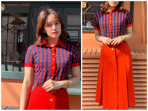 OLD CELINE　レア!!マカダムチェーン柄ポロシャツ（紺＆赤系）