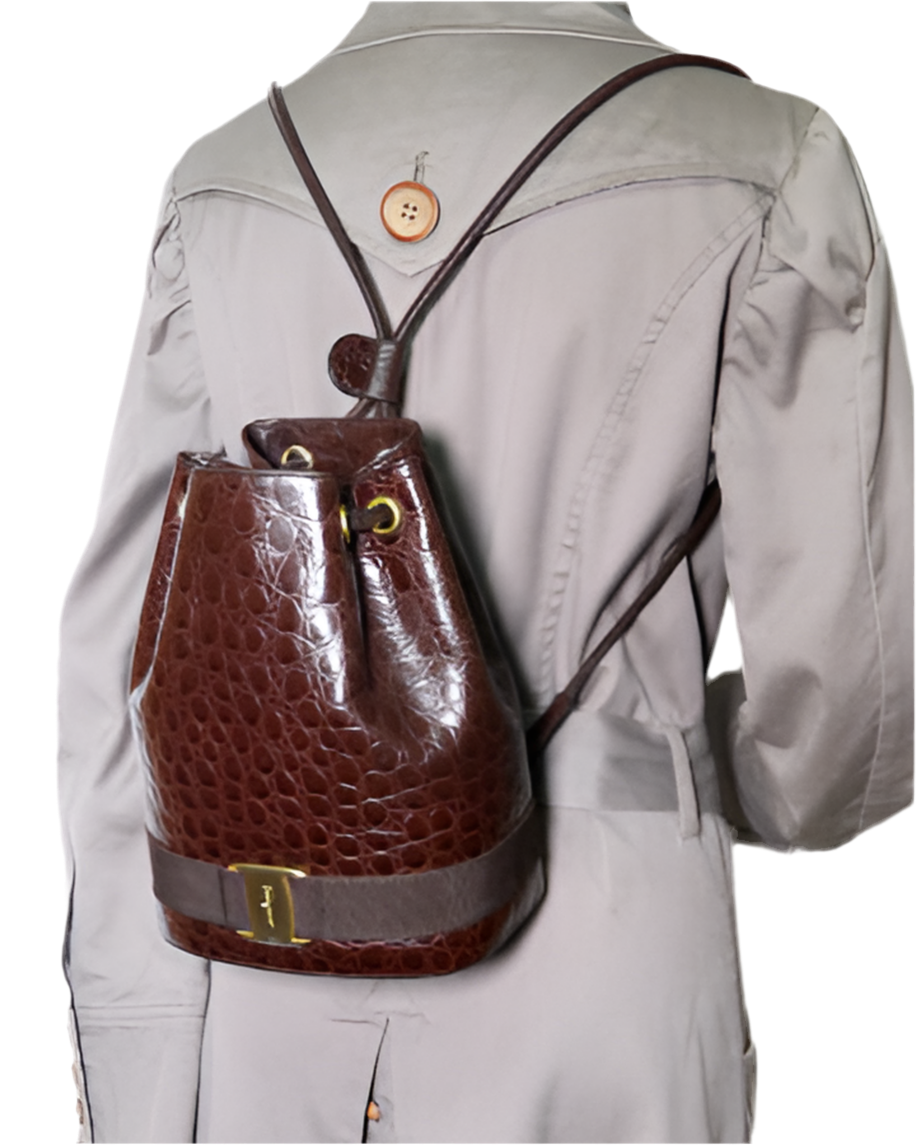 Salvatore Ferragamo　Varaリボン巾着ミニリュック（クロコ型押し/濃茶）