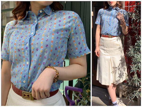 OLD CELINE　レア!!フラワー柄レトロ半袖ブラウス（水色）