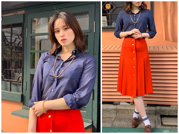 OLD CELINE　マカダム同色刺繍シースルーブラウス（紺）