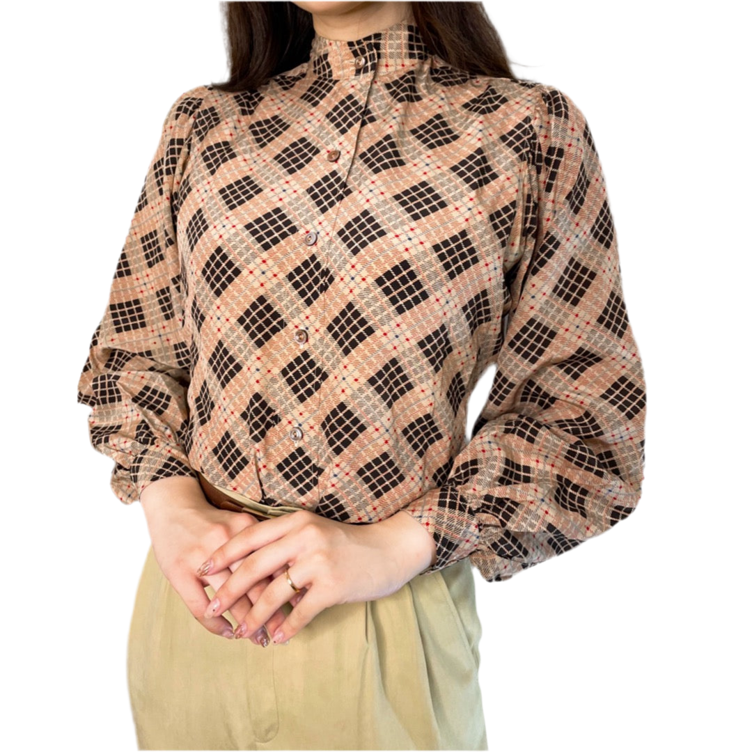 YSL　チェック柄シルクブラウス（ベージュ系）