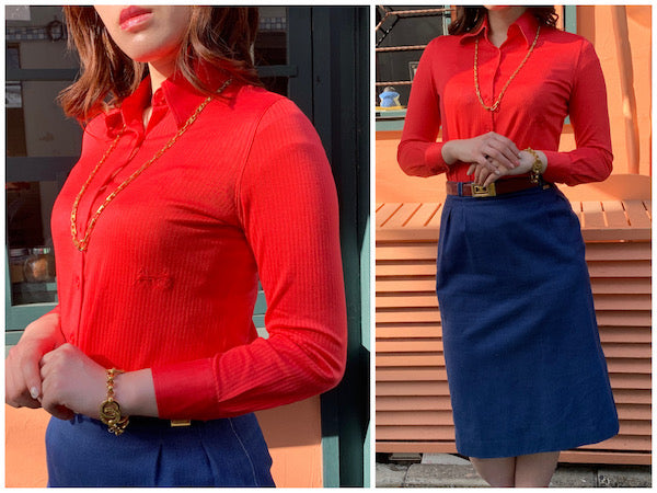 OLD CELINE　馬車刺繍 透かし織りリブブラウス（赤）