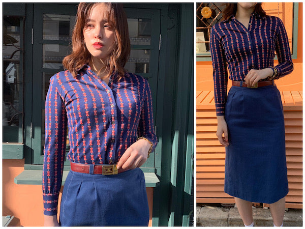 OLD CELINE　レア!!マカダム柄レトロブラウス（紺系）