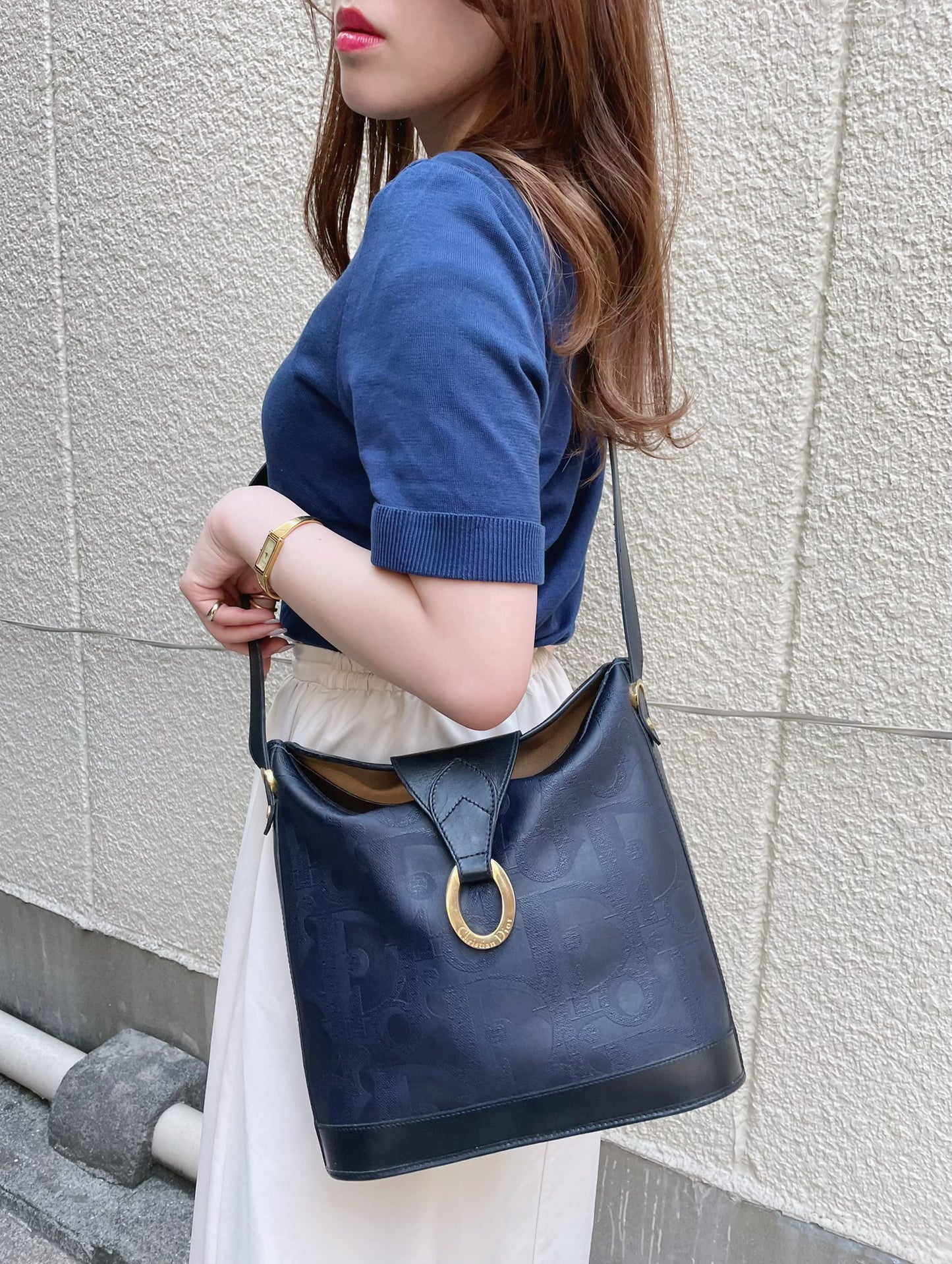 OLD Dior オーバルロゴ金具トロッター柄ショルダー（濃紺）