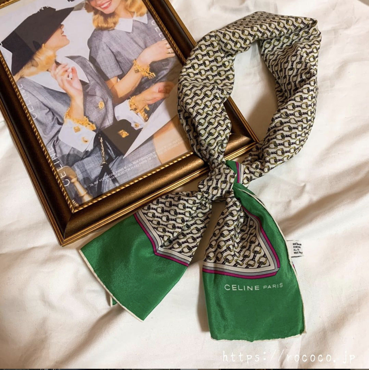 OLD CELINE　ホースビット柄シルクロングスカーフ（緑系）