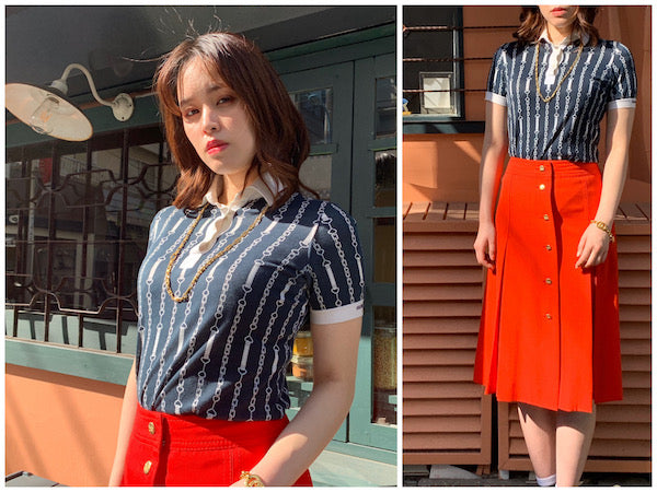 OLD CELINE　ベルトチェーン柄ポロシャツ（紺系）