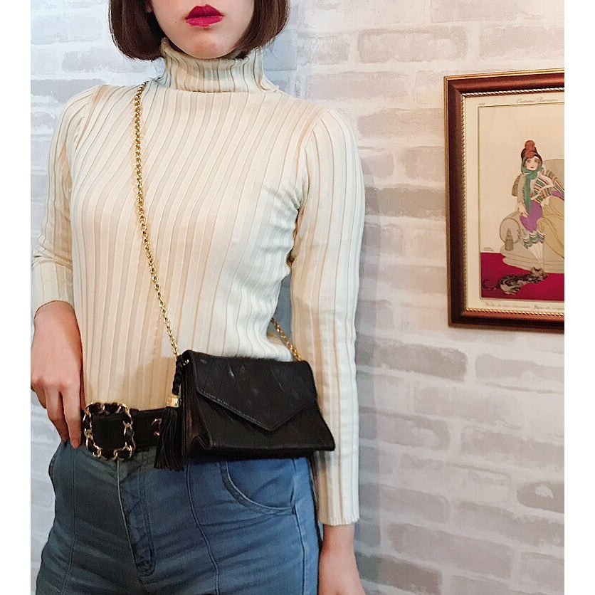 OLD CHANEL　フリンジ付マトラッセ ミニチェーンショルダー（黒）