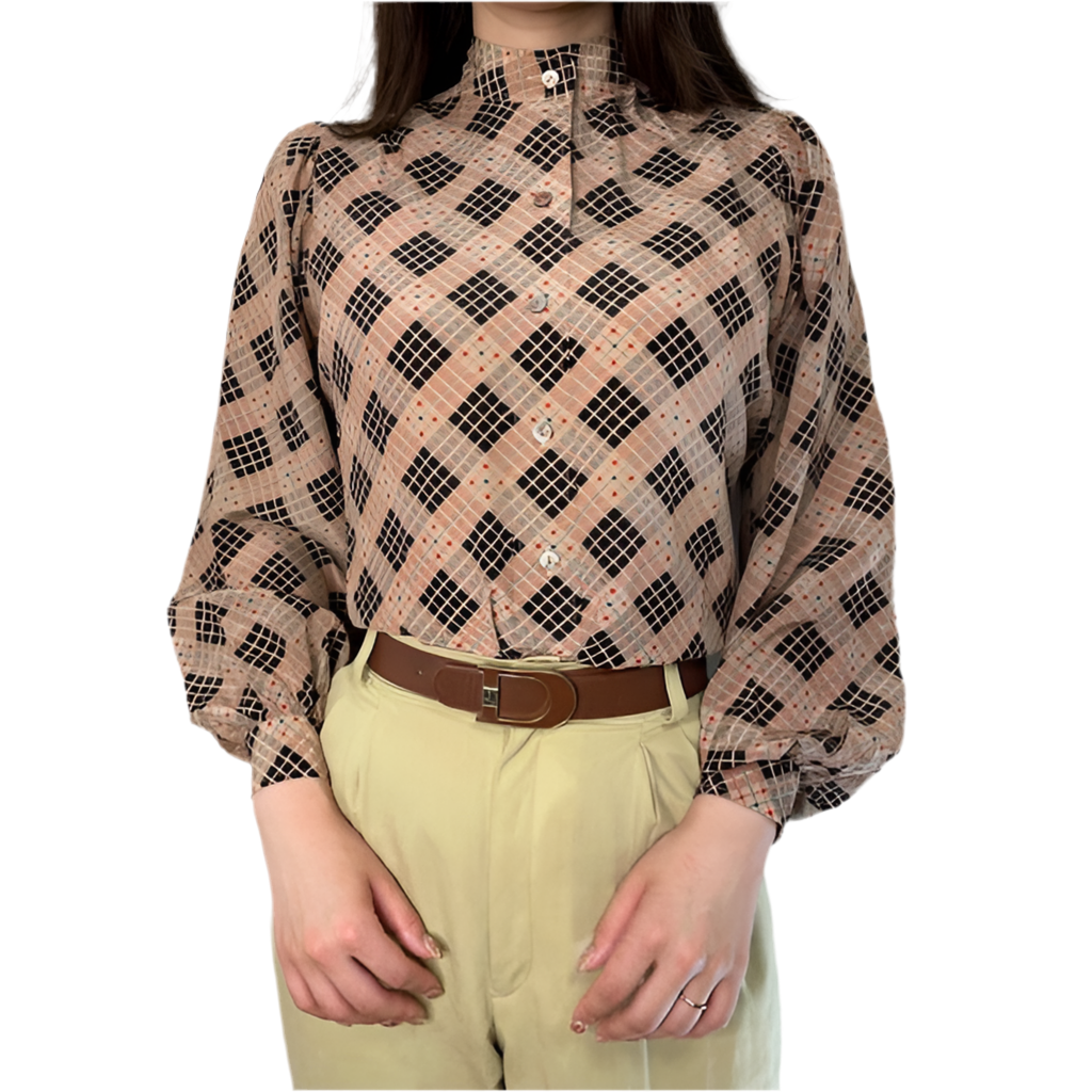YSL　チェック柄シルクブラウス（ベージュ系）