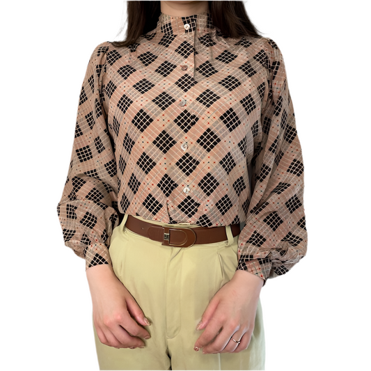 YSL　チェック柄シルクブラウス（ベージュ系）