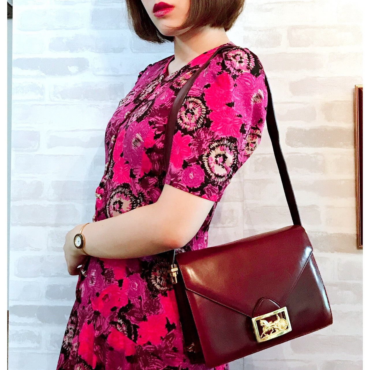 OLD CELINE 馬車金具2WAYショルダーバッグ（ボルドー/総革）