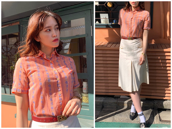 OLD CELINE　レア!!フラワー柄レトロ半袖ブラウス（ピンク）