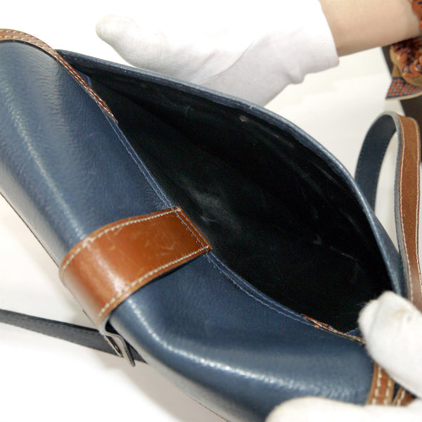 BALLY バイカラー総革ショルダーバッグ（紺×茶）