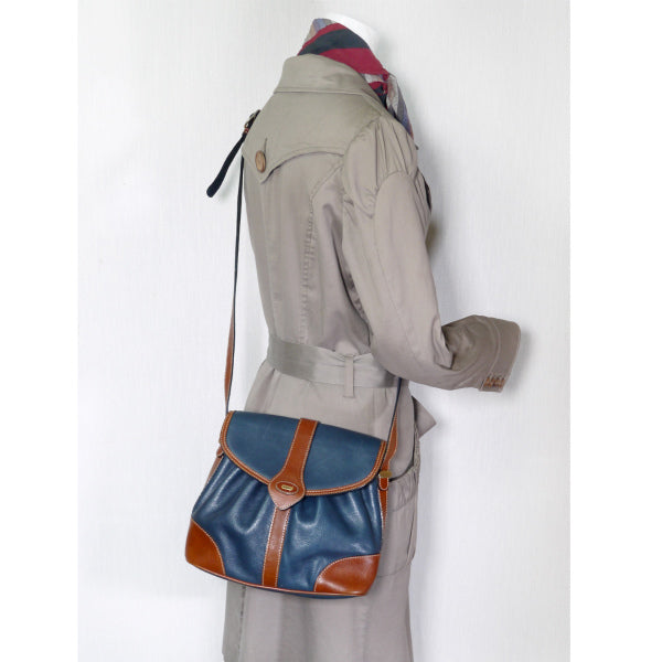 BALLY バイカラー総革ショルダーバッグ（紺×茶）