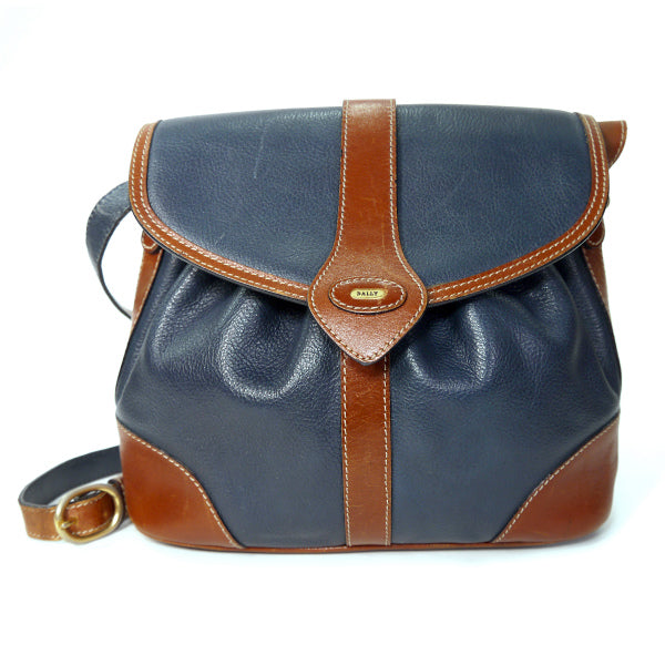 BALLY バイカラー総革ショルダーバッグ（紺×茶）