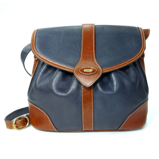 BALLY バイカラー総革ショルダーバッグ（紺×茶）