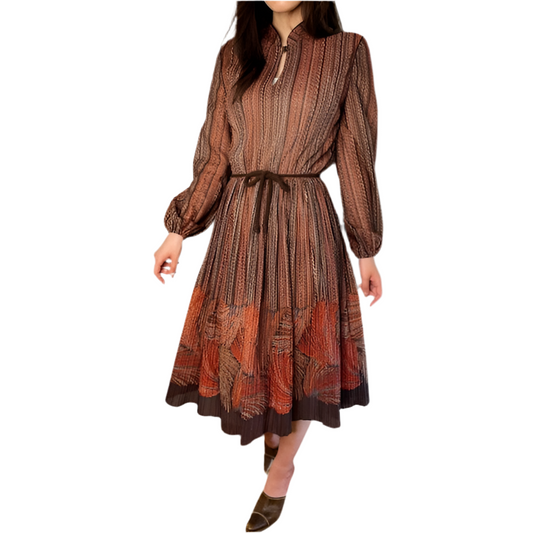 Rococo's SELECT　プリーツプリントvintageシフォンワンピース（茶系）