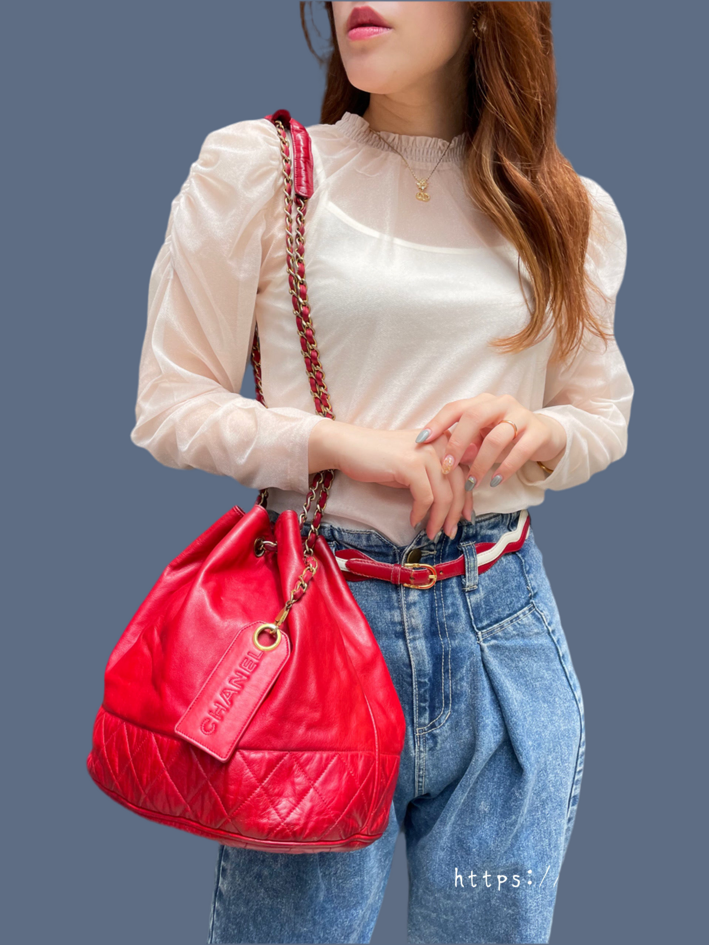 OLD CHANEL　マトラッセ巾着Wチェーンショルダー（赤）