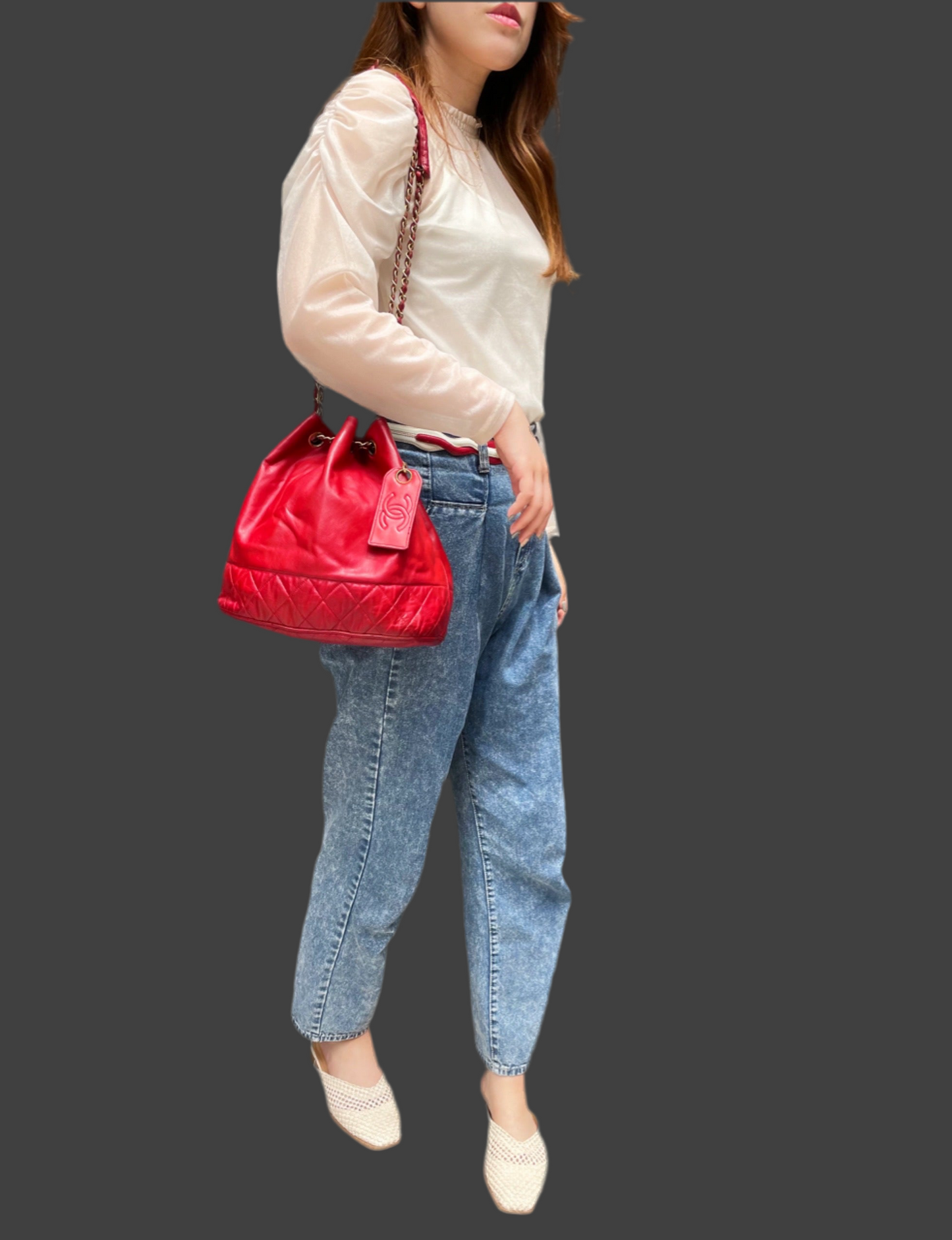 OLD CHANEL　マトラッセ巾着Wチェーンショルダー（赤）