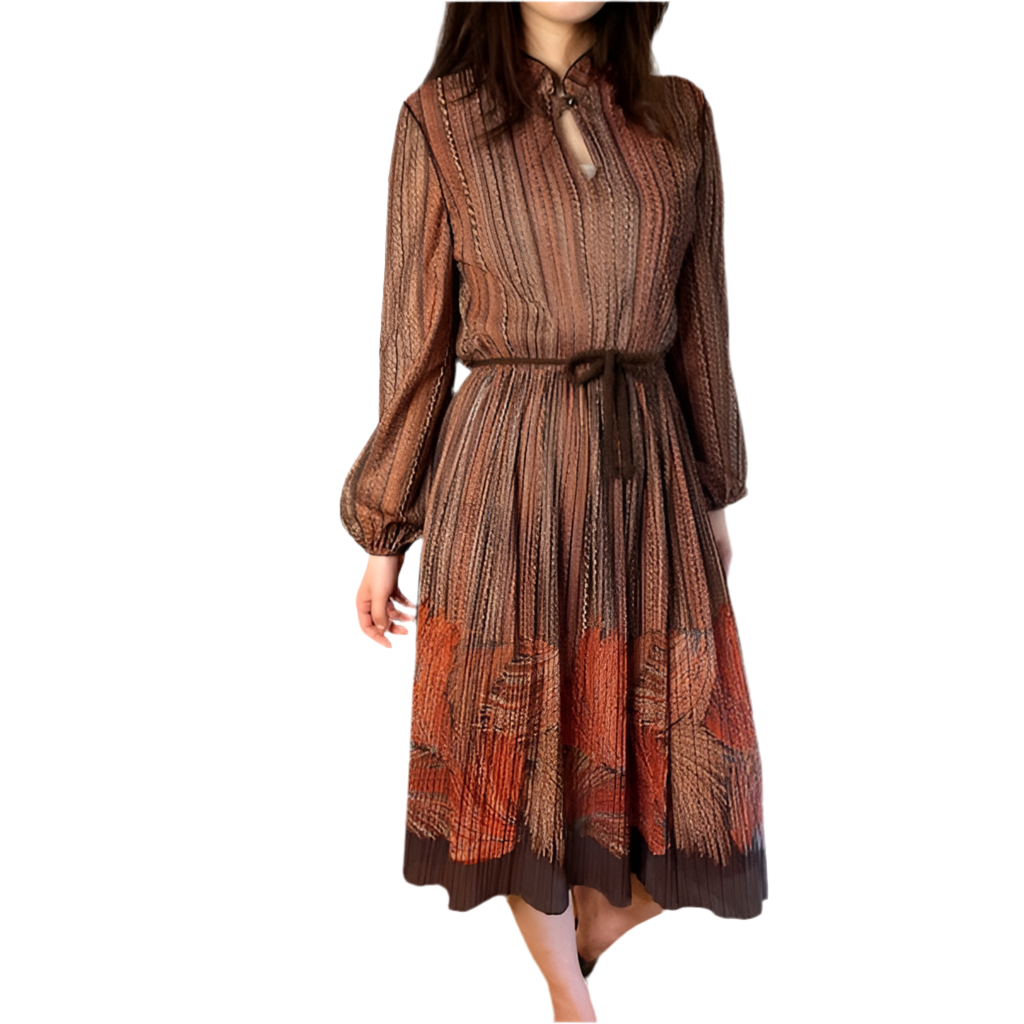 Rococo's SELECT　プリーツプリントvintageシフォンワンピース（茶系）