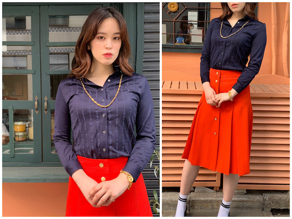 OLD CELINE　同色刺繍コットンブラウス（紺）