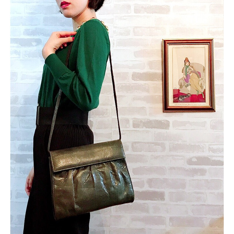 OLD Gucci リザード2WAYスクエアバッグ（深緑）