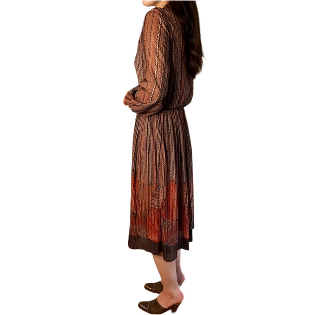 Rococo's SELECT　プリーツプリントvintageシフォンワンピース（茶系）