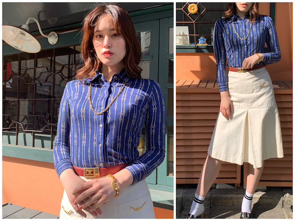 OLD CELINE　ロープチェーン柄レトロブラウス（紺系）